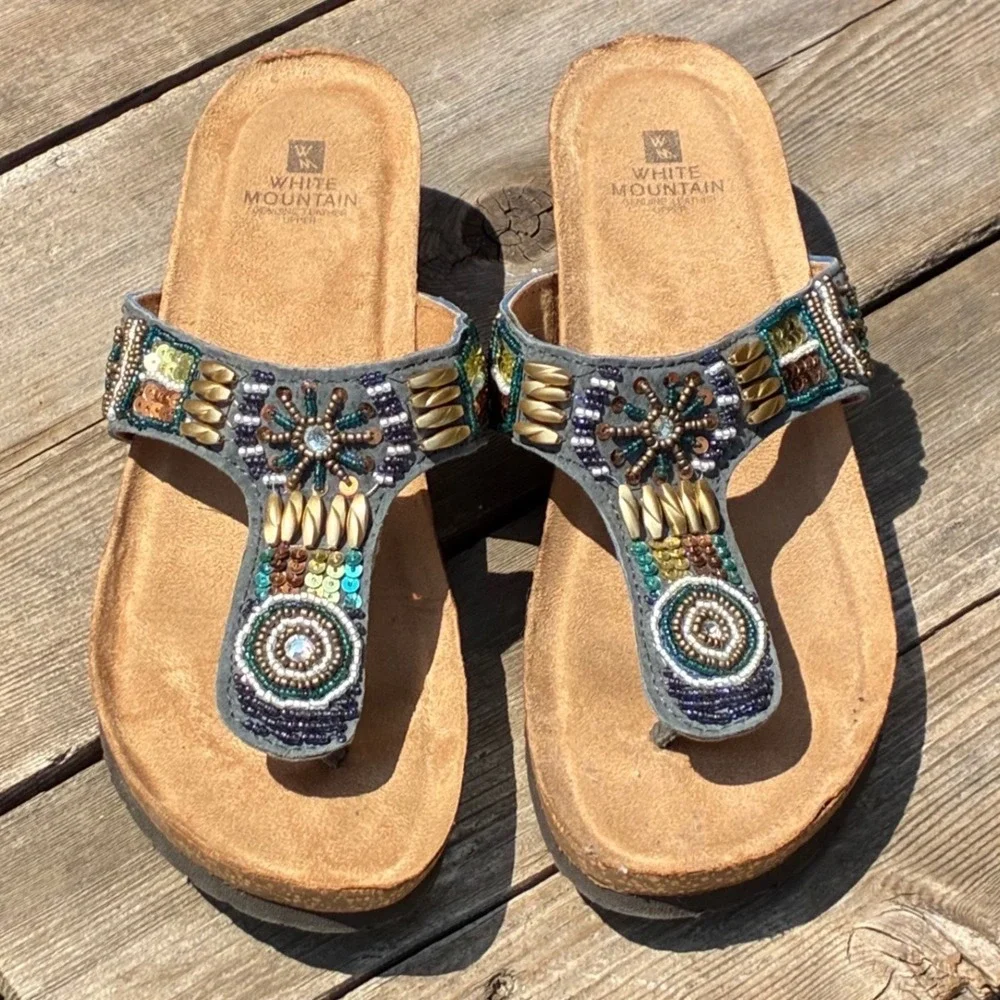 White Mountain Bluebell Beaded Wedge Sandals Womens 9 Boho Cork Footbed Flip